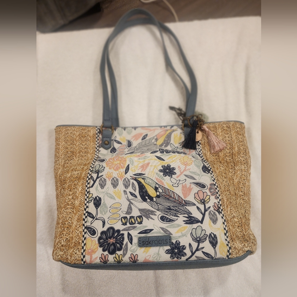 Bird SakRoots Embroidery Boho Woven Raffia Tote Shoulder Bohemian Bag Purse new